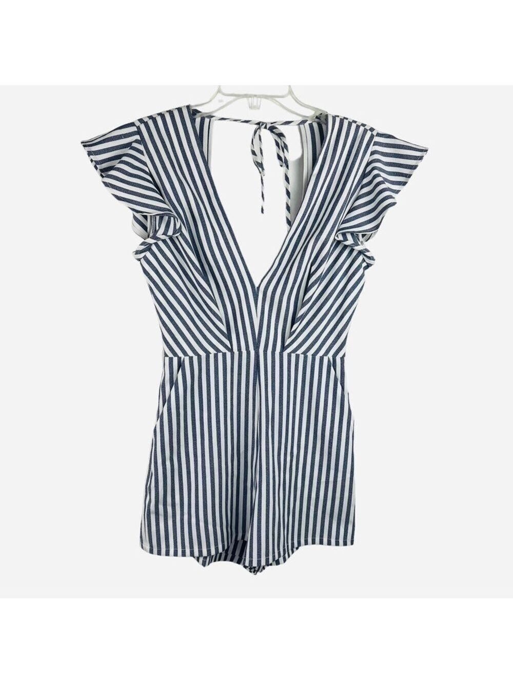 New-shop17 Vertical Striped Deep V-neck, Open Tie Back, Flutter Sleeve Romper SM